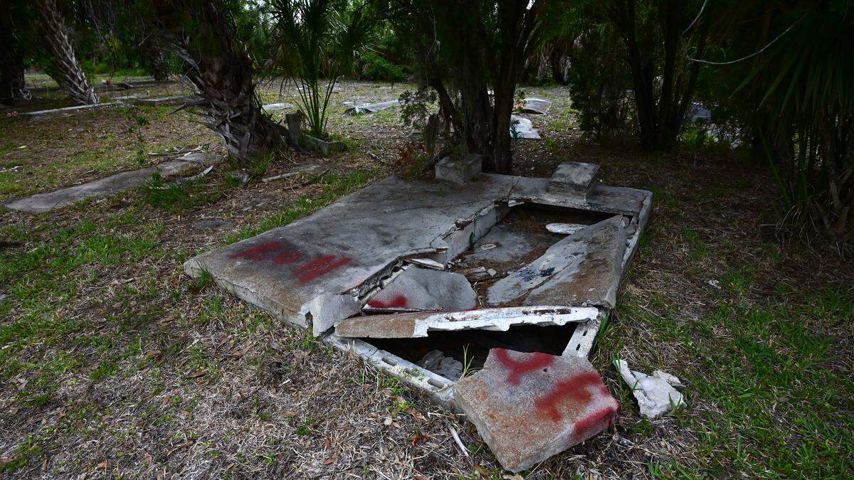 The Old Memphis Cemetery in Palmetto was the target of vandals who smashed graves, headstones and spray-painted. Photos taken on May 12, 2026.